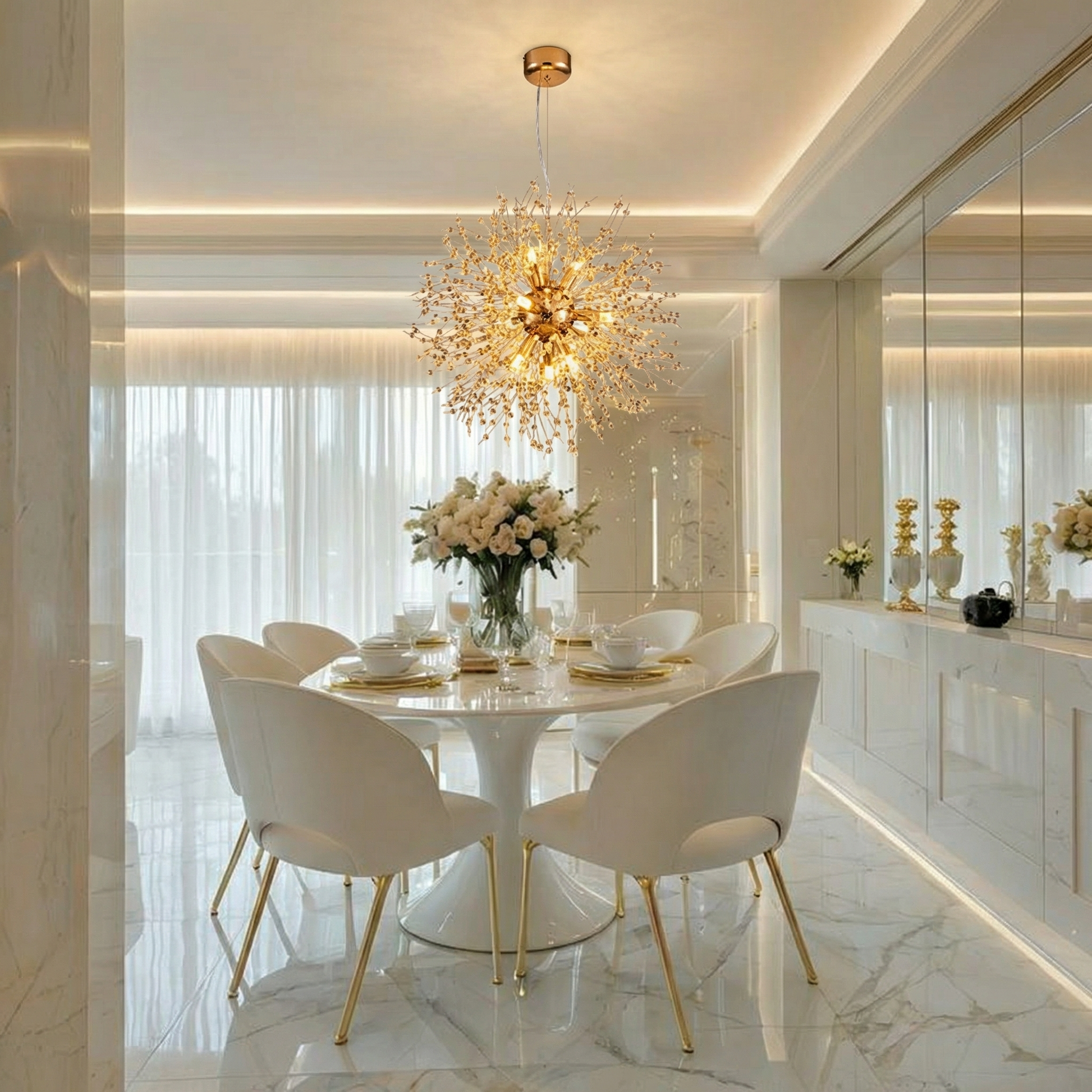 Modern Polished Gold Crystal Firework Chandelier Dandelion Starburst Pendant Light for Luxury Dining Room