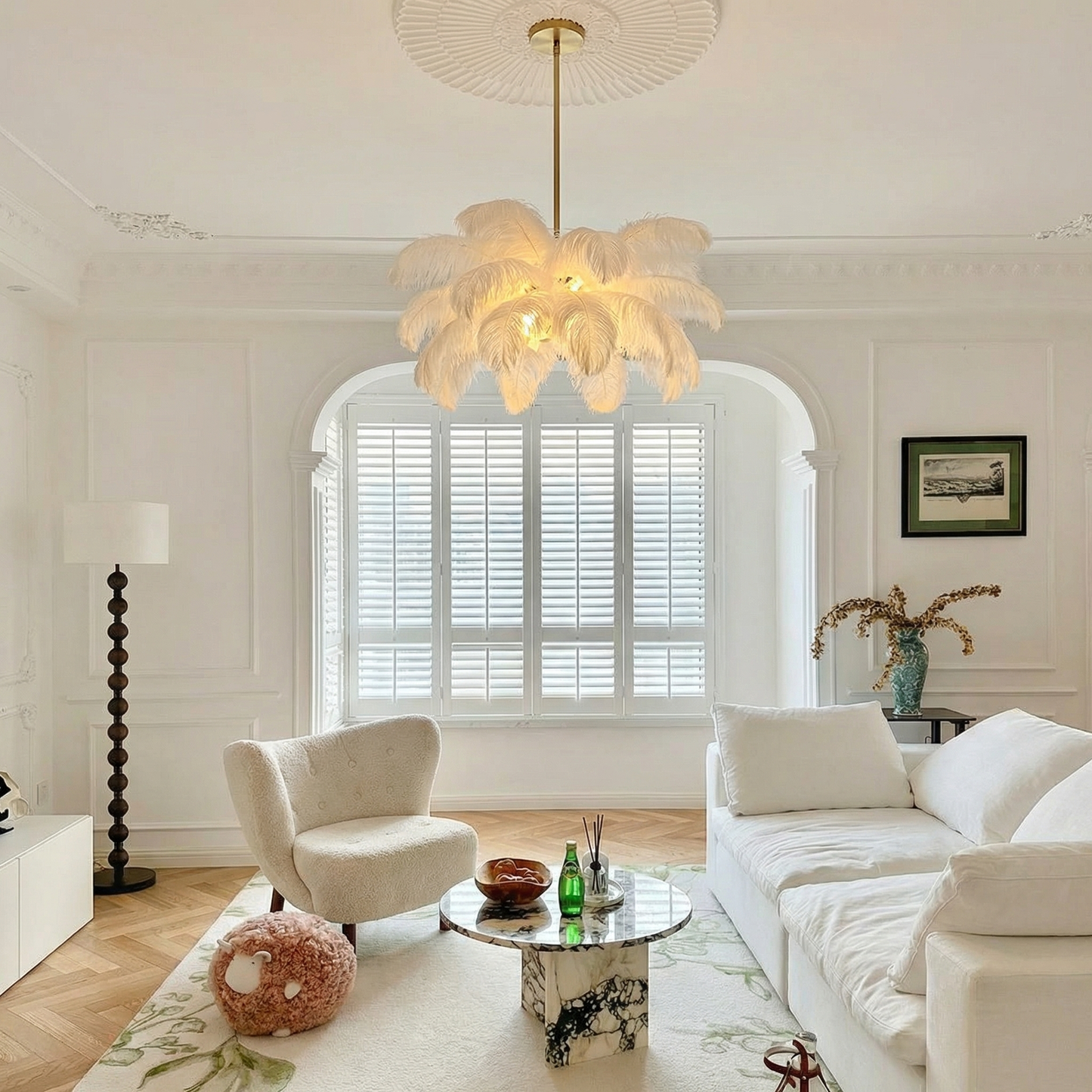Ostrich Feather Chandelier in Gold