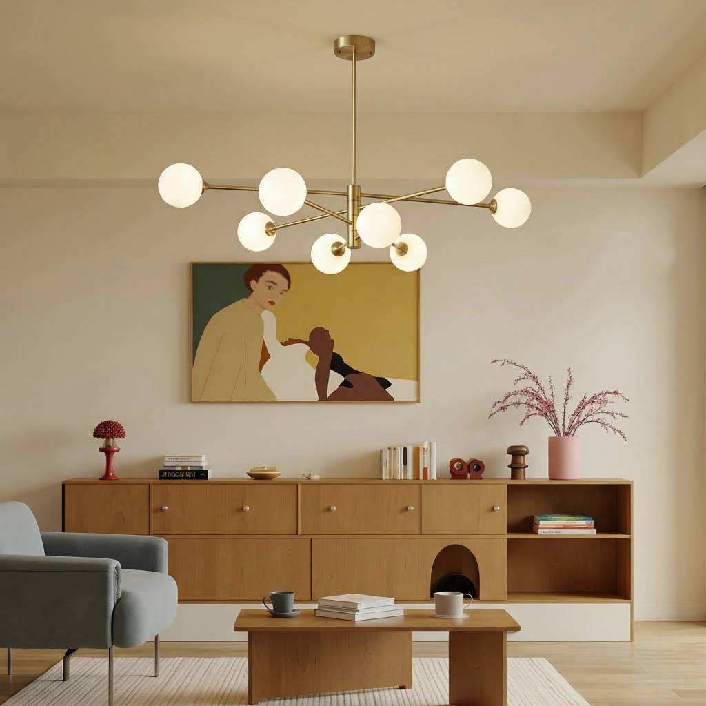 Gold Sputnik Chandelier with Milk Glass Globes