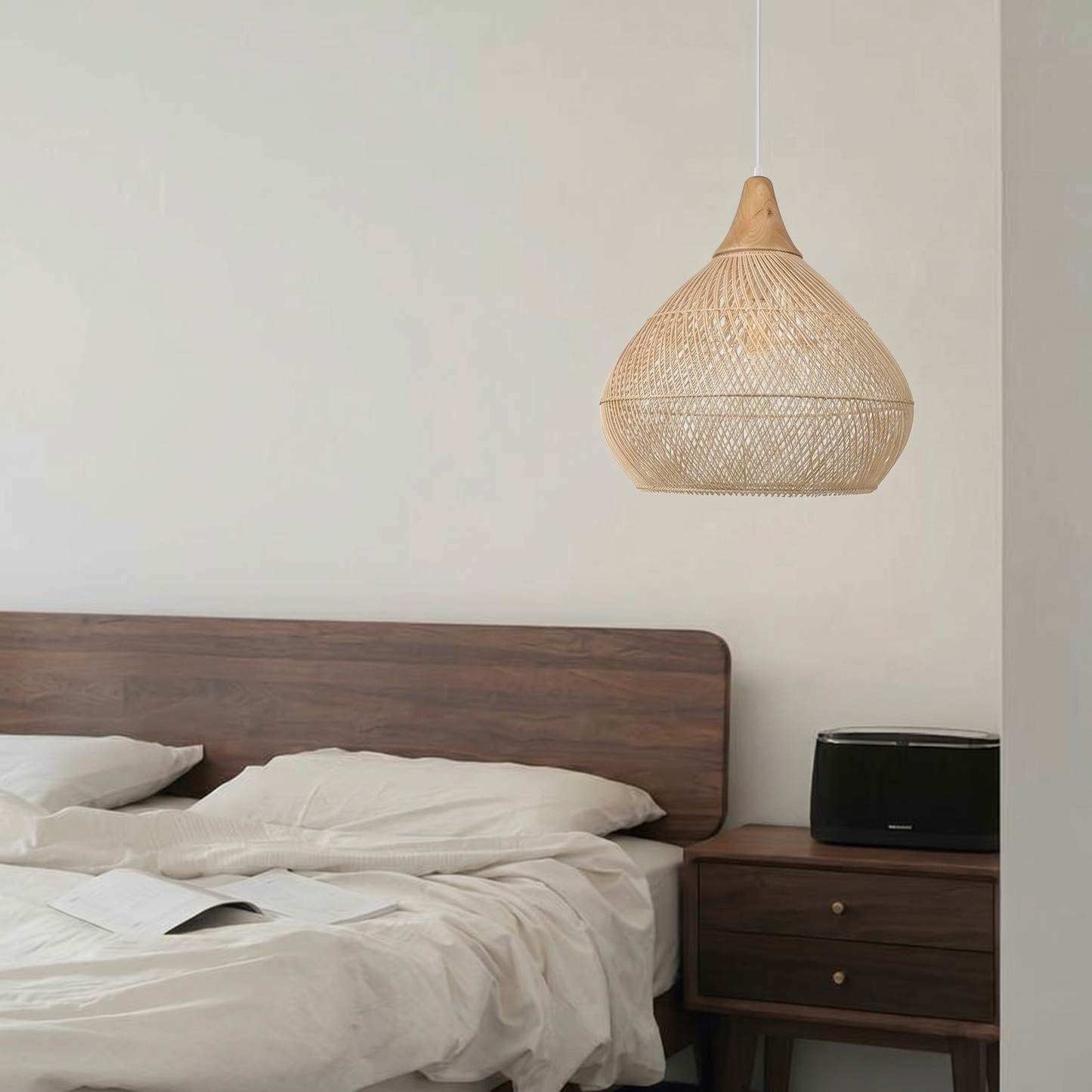 Rattan Teardrop Pendant with Wood Top