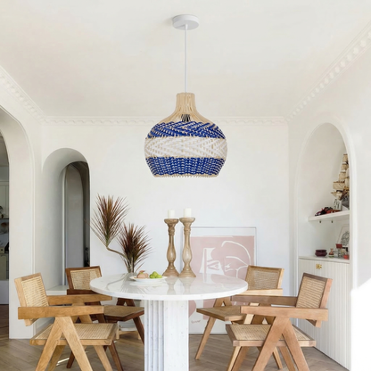 Blue and White Striped Rattan Pendant