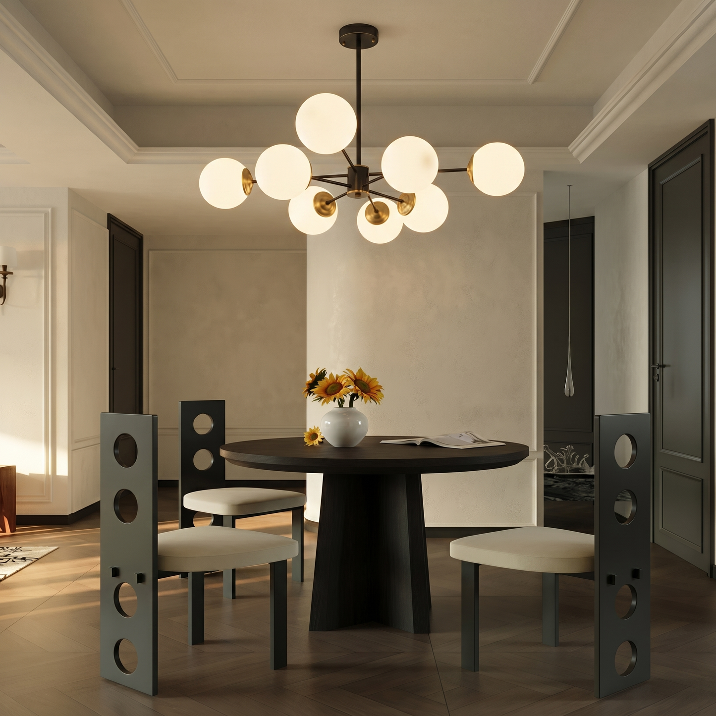 Dual-Tier Globe Chandelier in Black and Gold