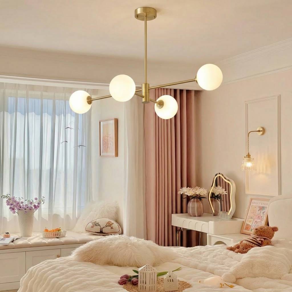 Gold Sputnik Chandelier with Milk Glass Globes