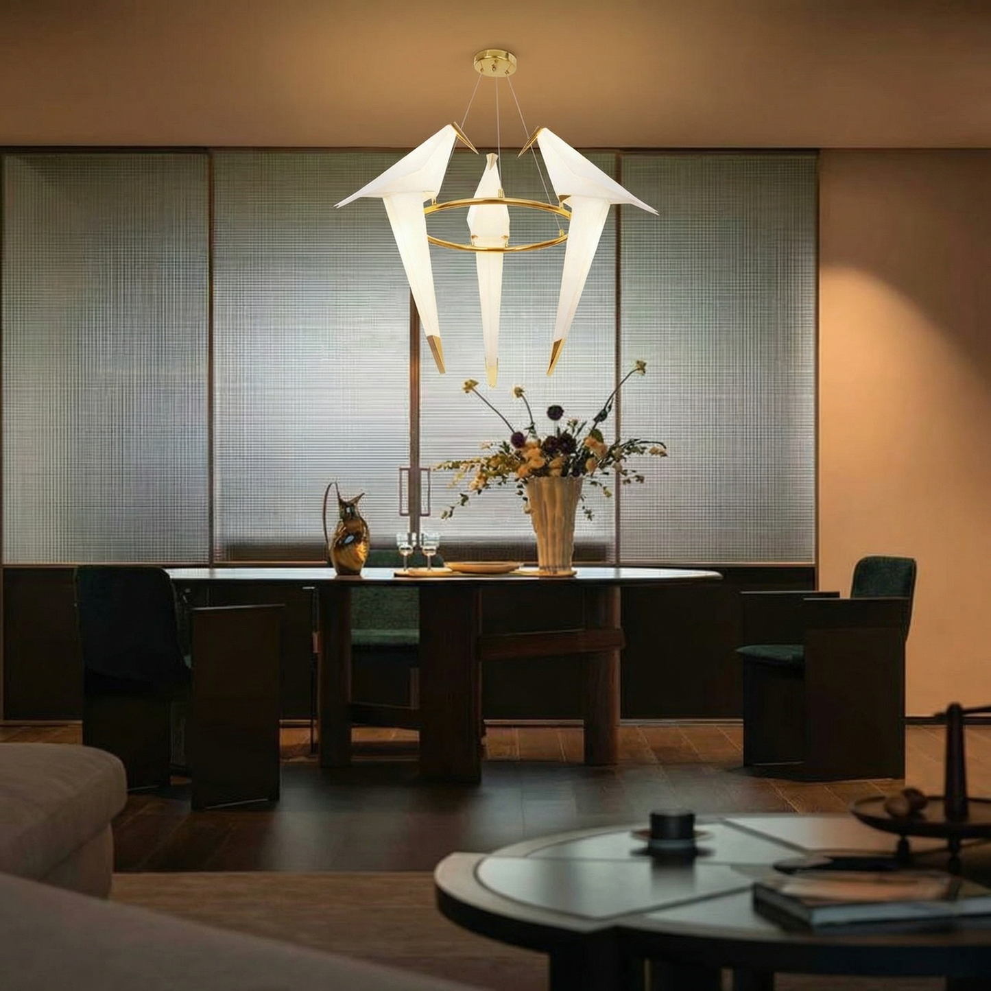 3-Bird Circular Origami Chandelier in Gold