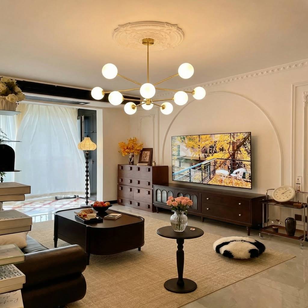 Gold Sputnik Chandelier with Milk Glass Globes