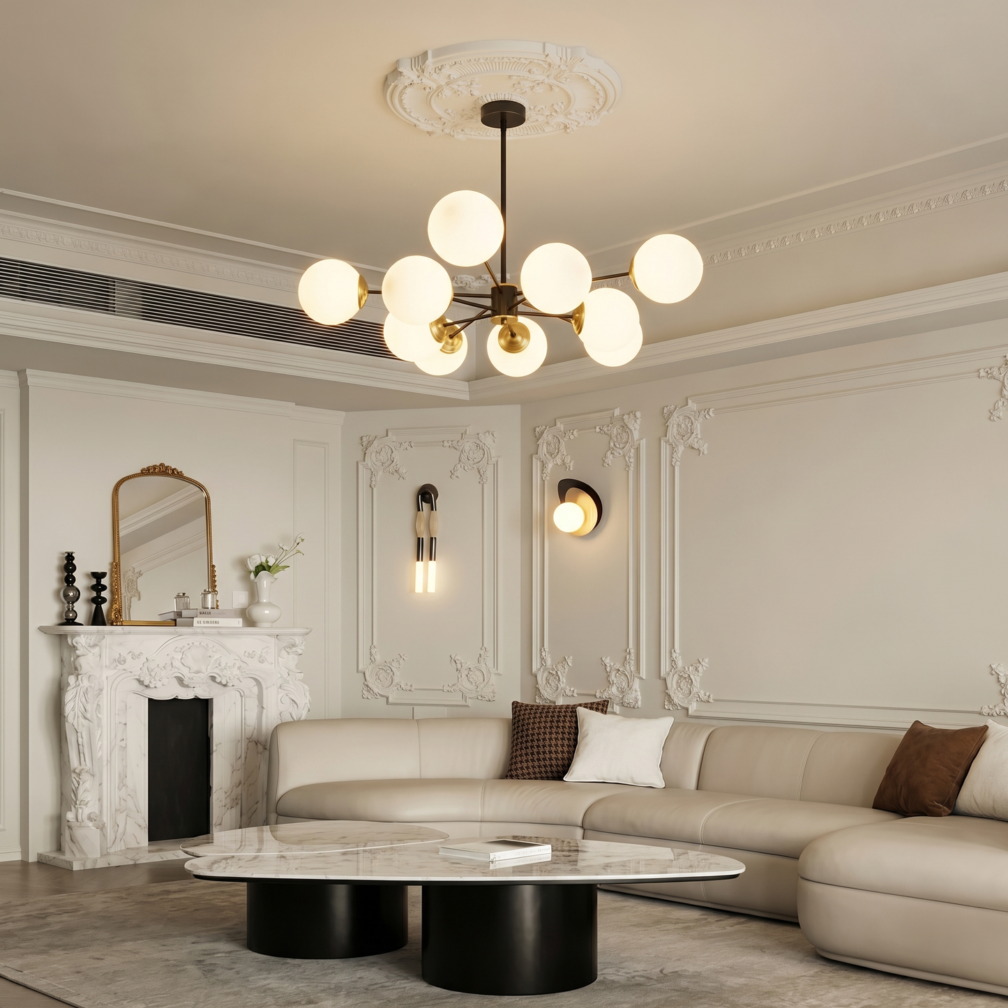 Dual-Tier Globe Chandelier in Black and Gold