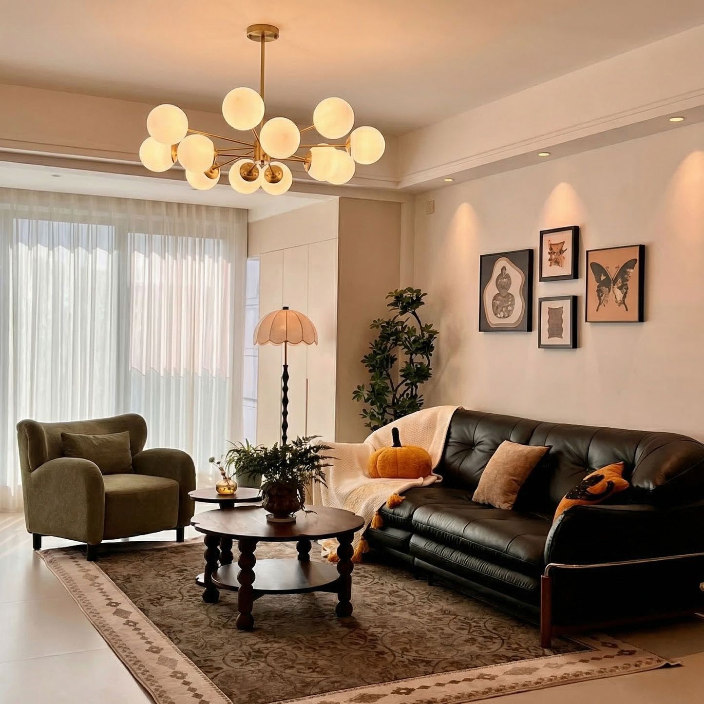 Brass Sputnik Chandelier with Opal Globes