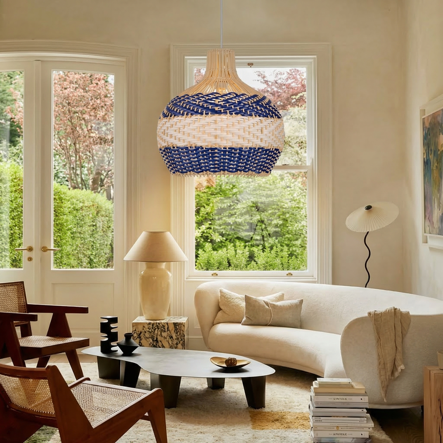 Blue and White Striped Rattan Pendant