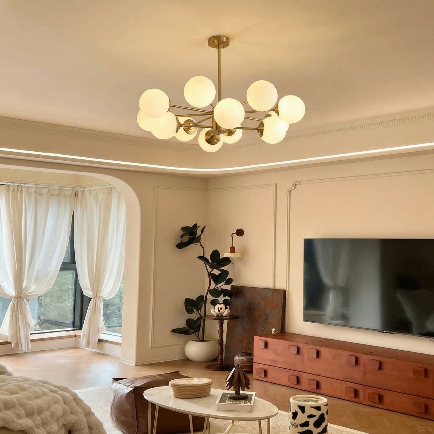 Brass Sputnik Chandelier with Opal Globes
