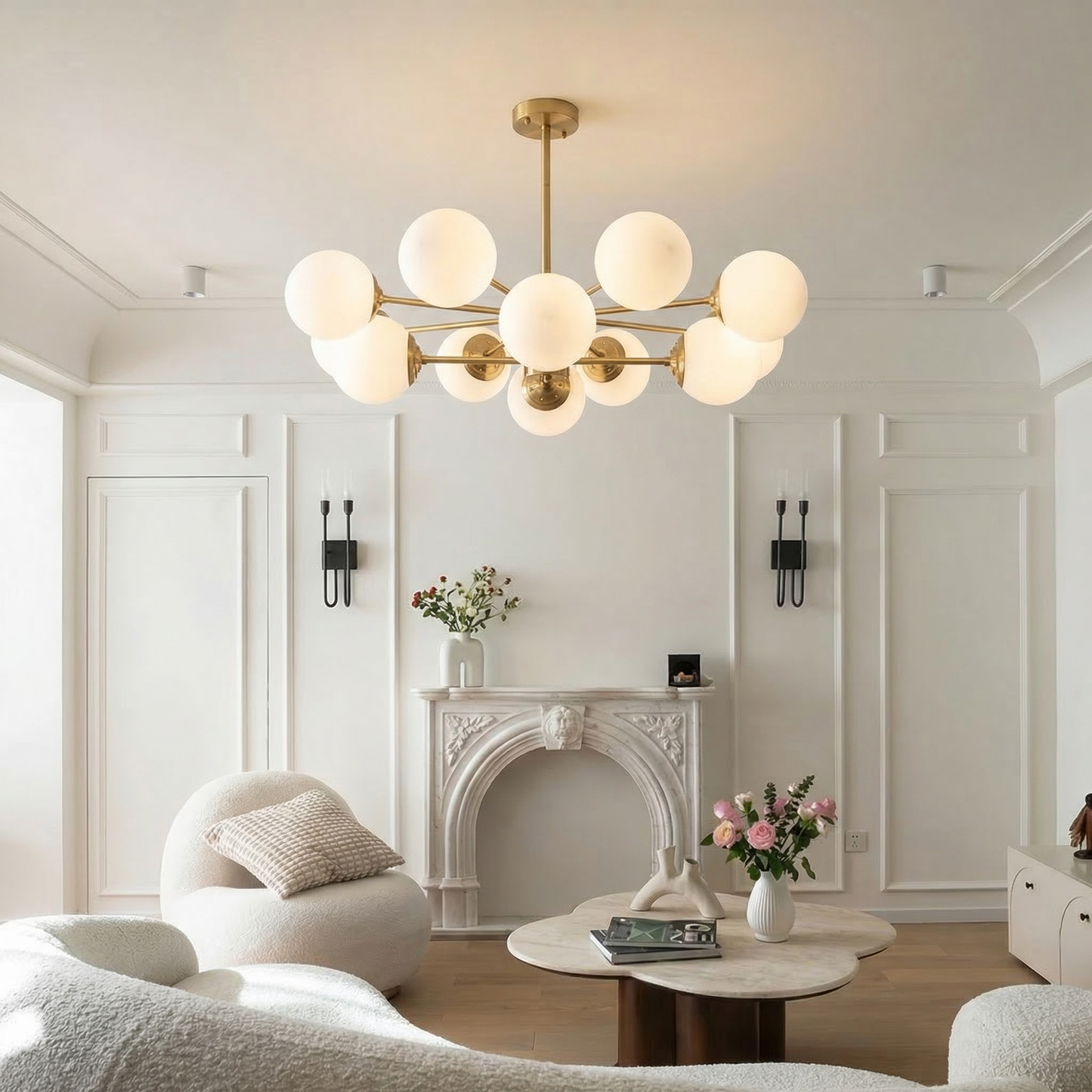 Brass Sputnik Chandelier with Opal Globes